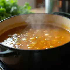 Gorący garnek paruje, w środku bulgoczą pyszne zupy domowe z warzywami. Obok leżą marchewki i zielona natka.