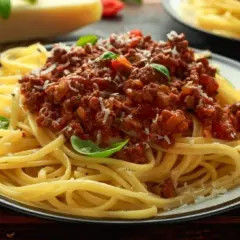 Pyszne spaghetti bolognese, idealne danie, gdy zastanawiasz się, co zrobić z makaronu spaghetti. Posypane parmezanem i listkami bazylii.