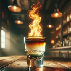 Ognisty shot na drewnianym blacie. Widoczne flambirowanie, tworzące spektakularny płomień nad drinkiem. W tle bar z butelkami i oknami.