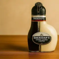 Dwukomorowa butelka likieru Sheridan's, z ciemną kawową i jasną śmietankową warstwą, gotowa do degustacji.