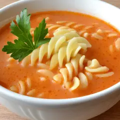 Aksamitna, najlepsza zupa pomidorowa przepis babci z makaronem i natką pietruszki.
