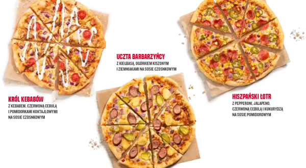 Trzy pizze: Król Kebabów, Uczta Barbarzyńcy i Hiszpański Łotr. Nie podano, ile cm ma duża pizza.