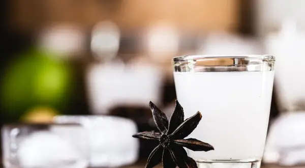 Mętny arak w szklance, obok gwiazdka anyżu, kostki lodu i zielona limonka.