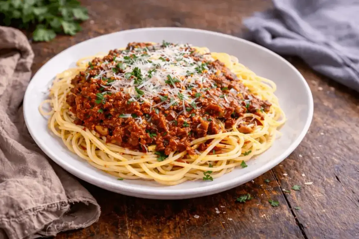Talerz spaghetti z bogatym, prostym sosem do spaghetti, posypany parmezanem i natką pietruszki.