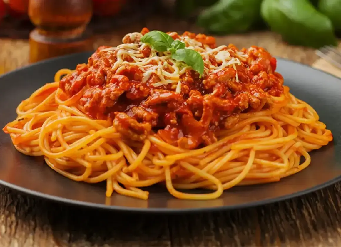 Pyszne spaghetti bolognese, idealne na prosty obiad. Makaron z bogatym sosem mięsnym, posypany serem i udekorowany bazylią.