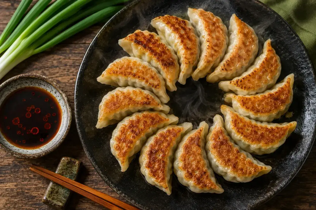 Złociste pierożki gyoza ułożone na talerzu, obok miseczka z sosem i zielona cebulka.