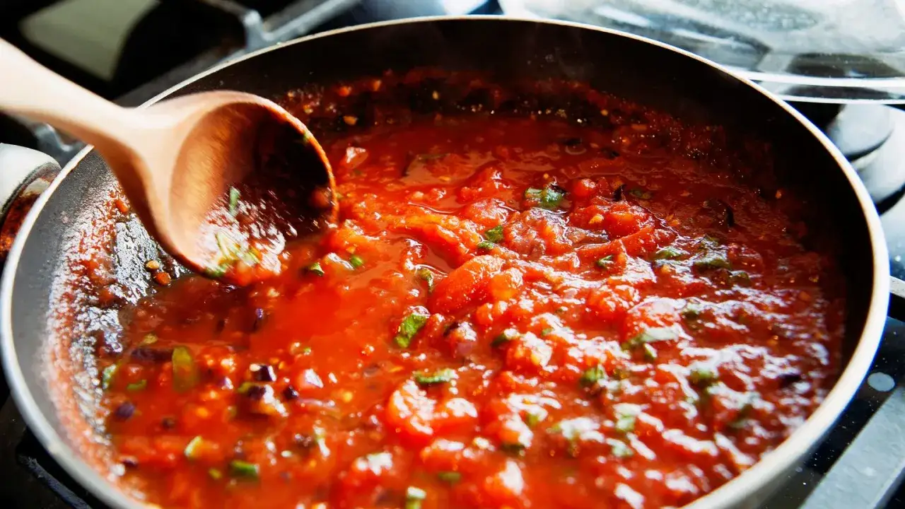 Drewniana łyżka miesza aromatyczny, prosty sos do spaghetti z kawałkami pomidorów i ziół na patelni.