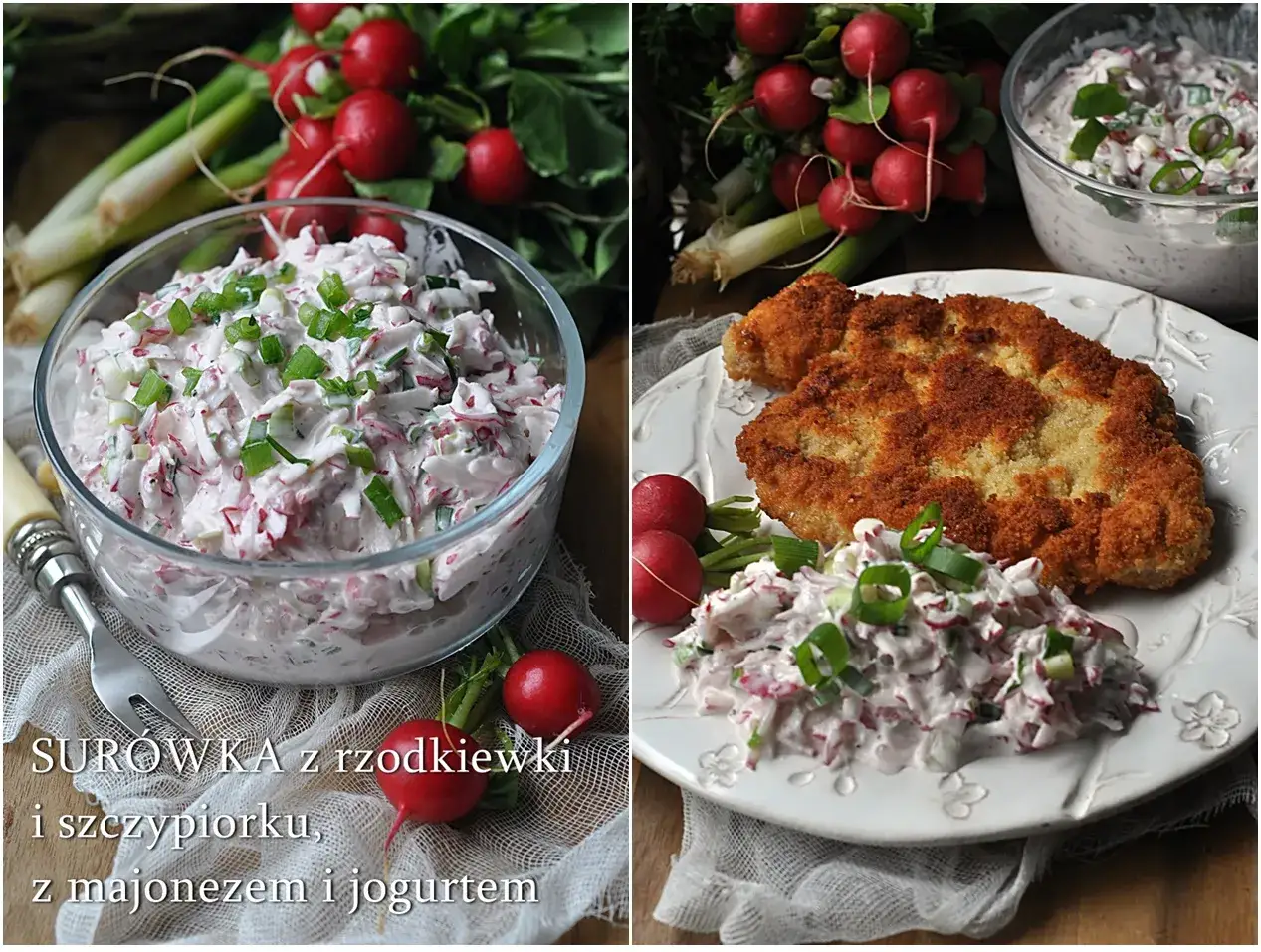 Pyszna surówka z rzodkiewki z majonezem i jogurtem, posypana szczypiorkiem. Idealna do obiadu.